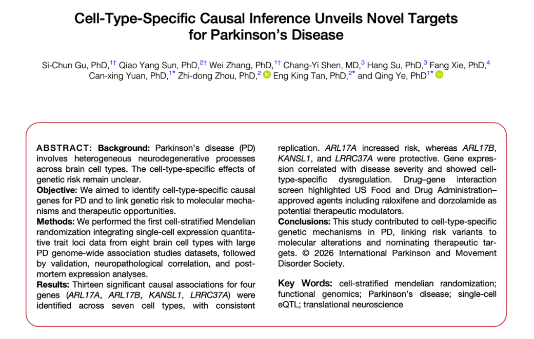 龙华医院脑病一科叶青团队在《Movement Disorders》发表帕金森病细胞特异性遗传机制研究，为中医“颤证”理论提供分子生物学视角